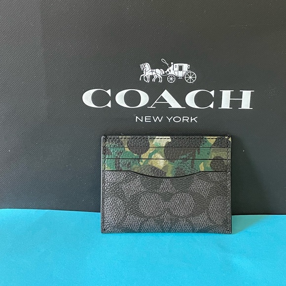 NWT Coach Card Case In Signature Canvas With Camo Print Charcoal Multi - Picture 1 of 5